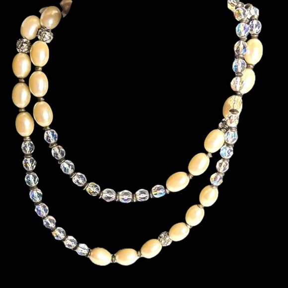 Vintage 36" Faceted AB Crystal & Faux Pearl Beaded Necklace with Barrel Clasp - Picture 1 of 10